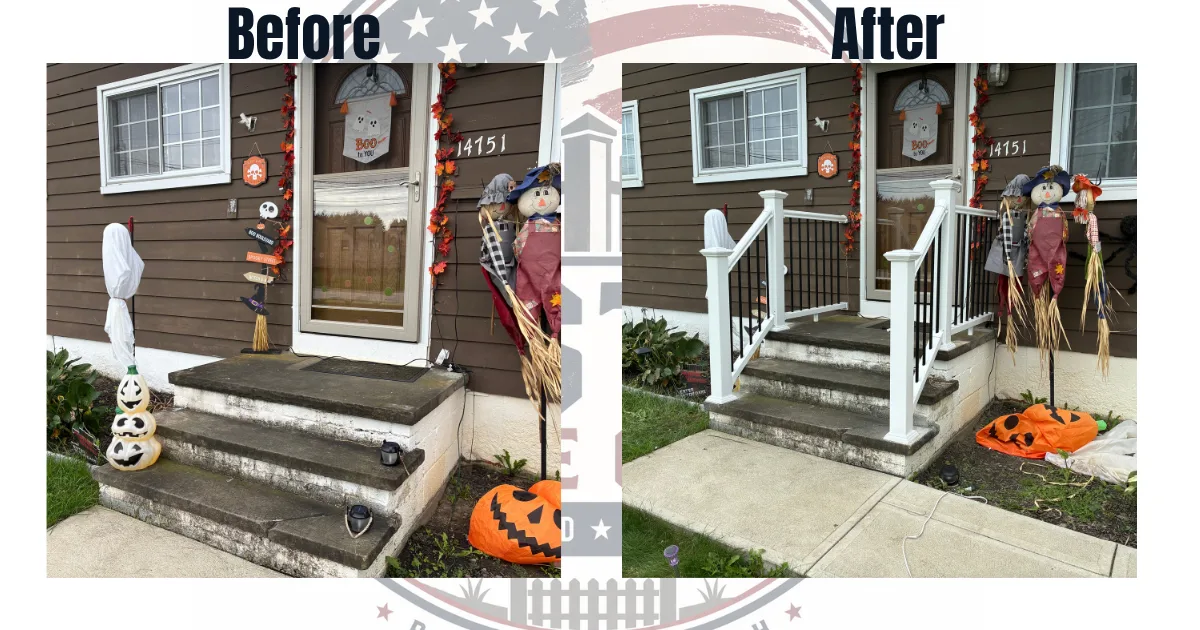 Before and after: concrete front steps with no railing, then the same steps with new white vinyl and black aluminum railings installed by Foster Fence Co.