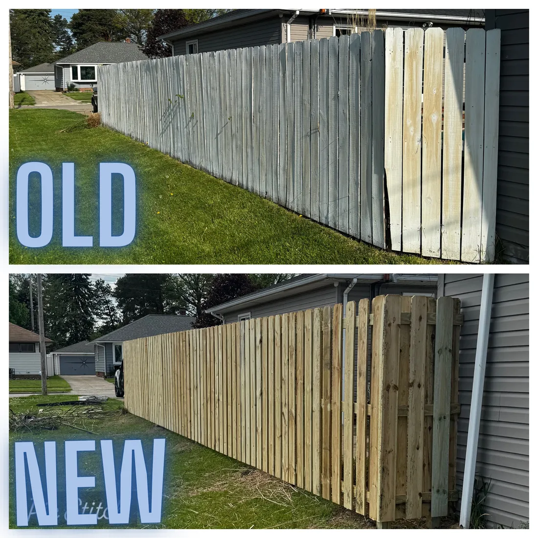 Before and after: an old gray, broken wood privacy fence, then a new pressure-treated wood privacy fence with a matching side gate built by Foster Fence Co.